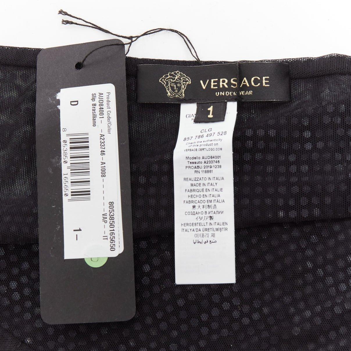 VERSACE 2019 black crystal embellished gold Medusa sheer bikini bottom Sz.1 S For Sale 3