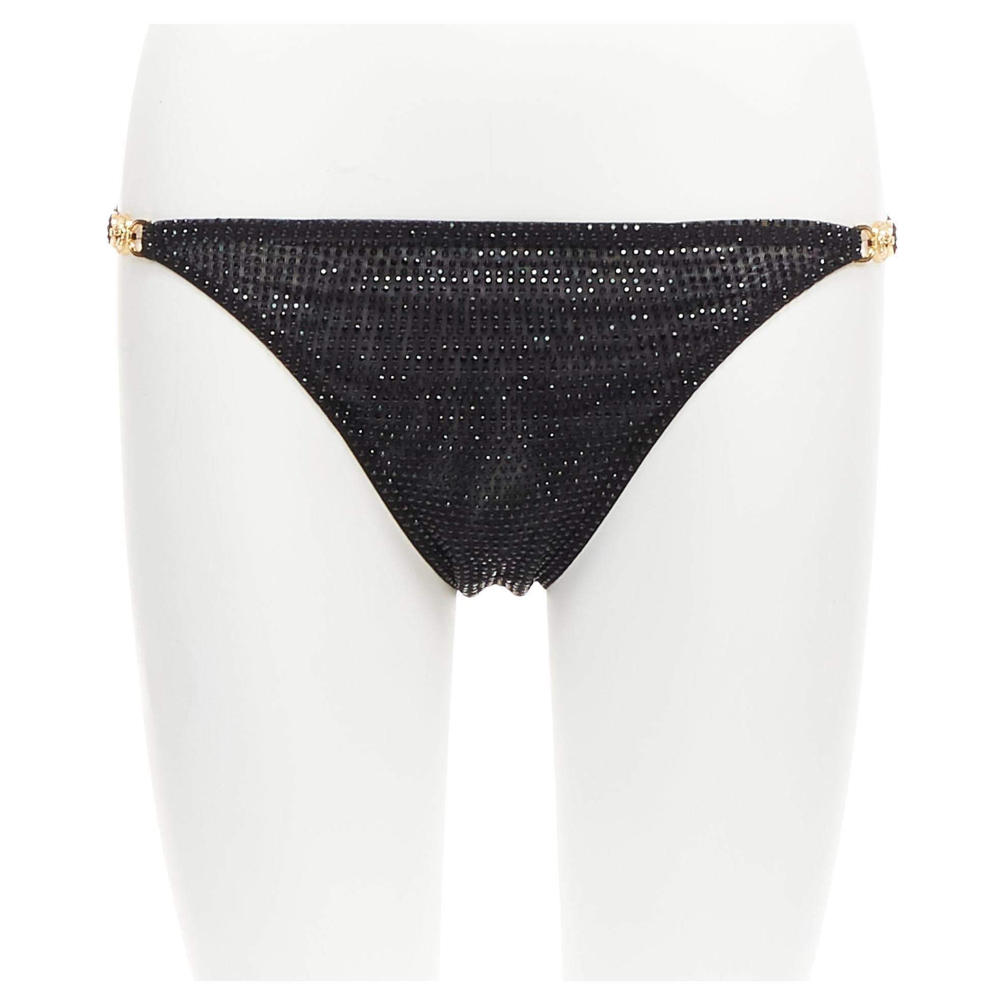 VERSACE 2019 black crystal embellished gold Medusa sheer bikini bottom Sz.1 S For Sale