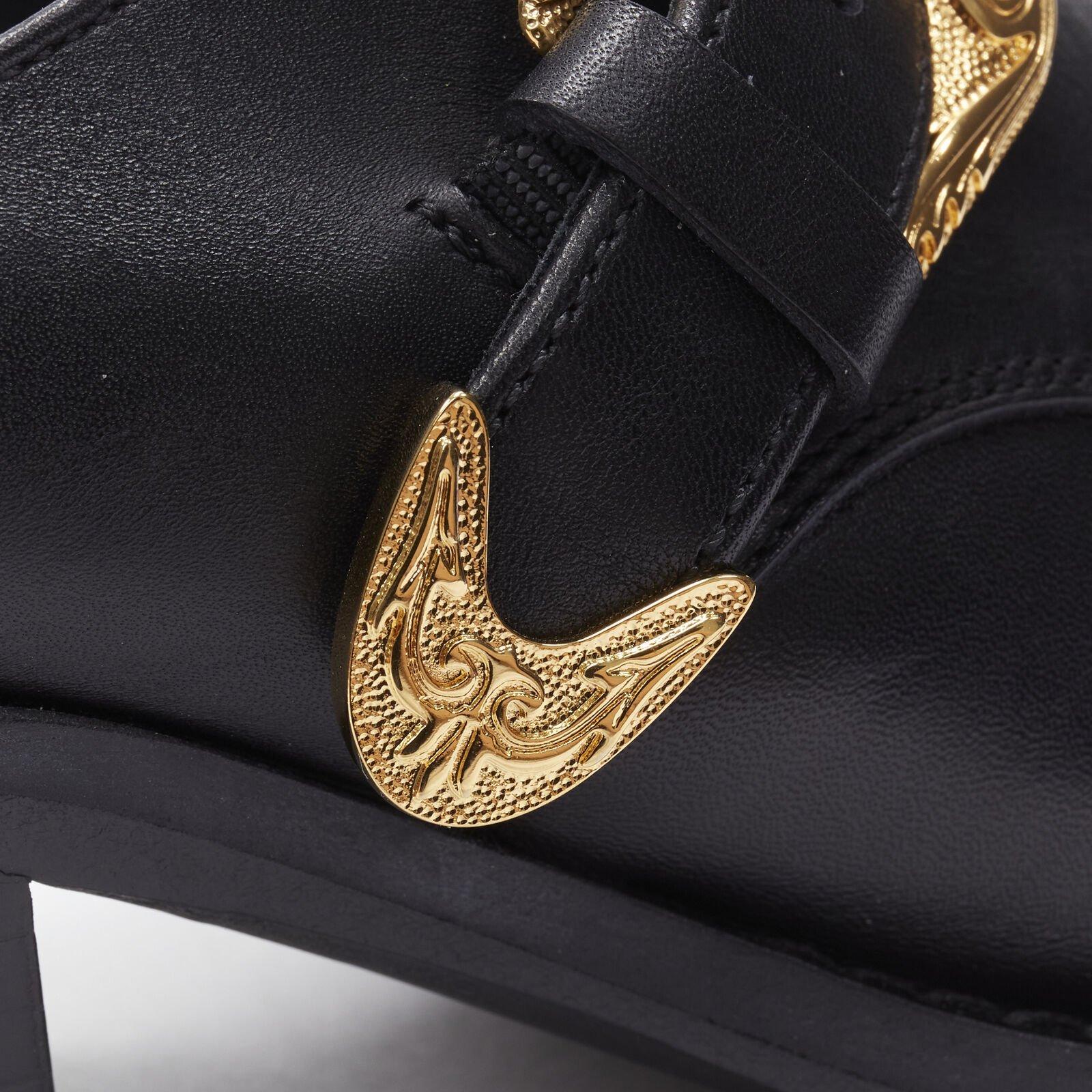 VERSACE 2019 black leather gold Medusa toe western buckle Cuban mule EU37 For Sale 5