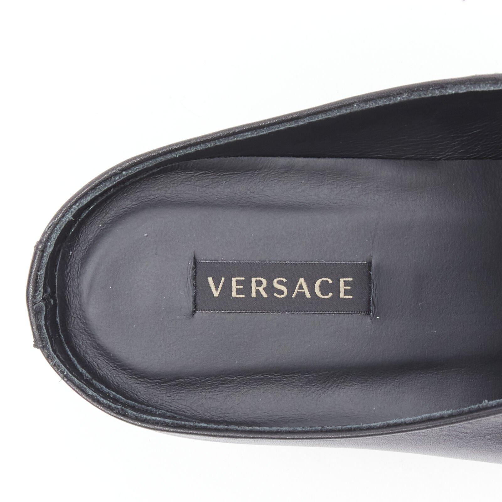 VERSACE 2019 black leather gold Medusa toe western buckle Cuban mule EU37 For Sale 7