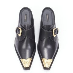 VERSACE 2019 black leather gold Medusa toe western buckle cuban mule EU37