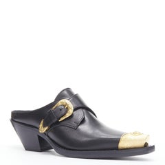 VERSACE 2019 black leather gold Medusa toe western buckle cuban mule EU37