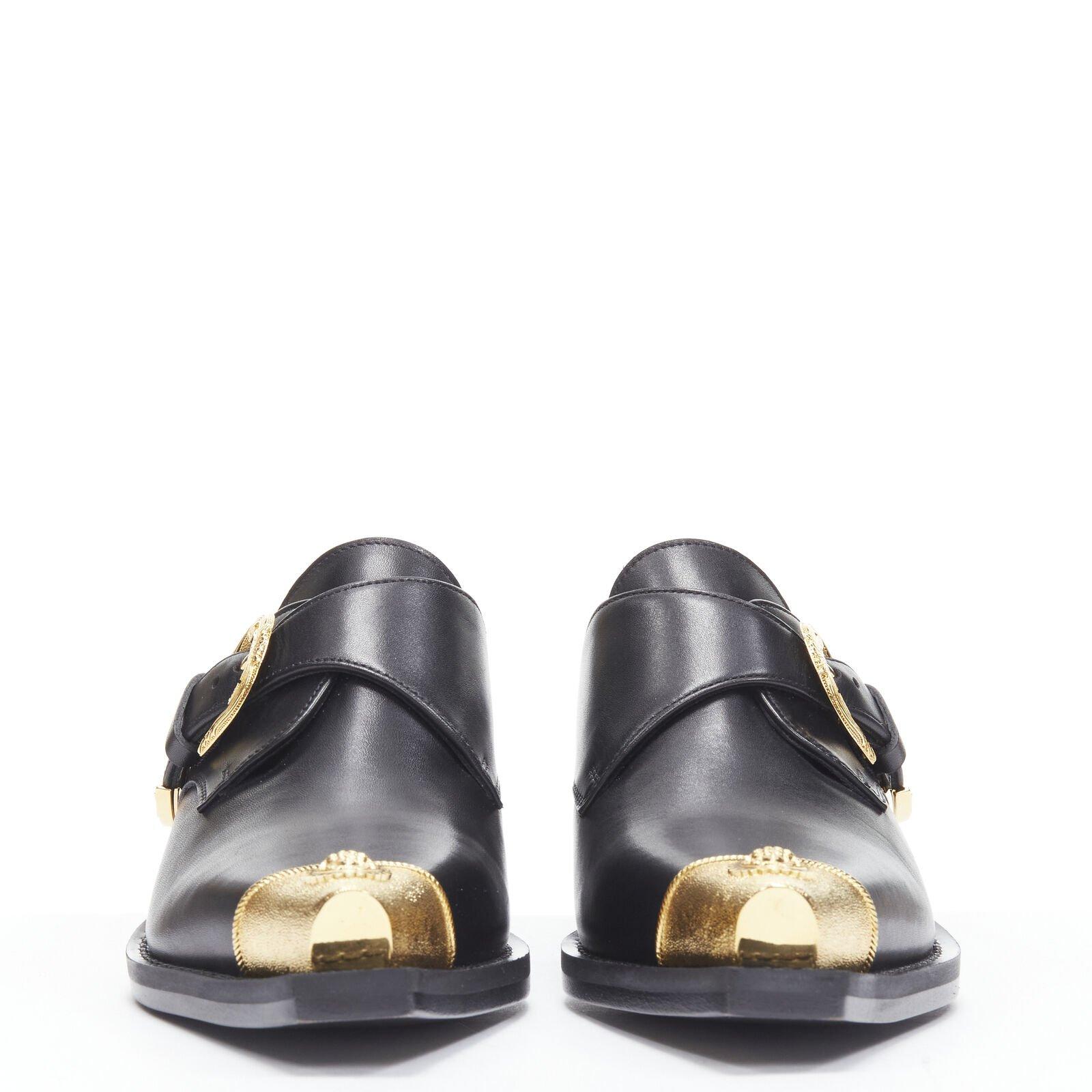 Gray VERSACE 2019 black leather gold Medusa toe western buckle Cuban mule EU37 For Sale