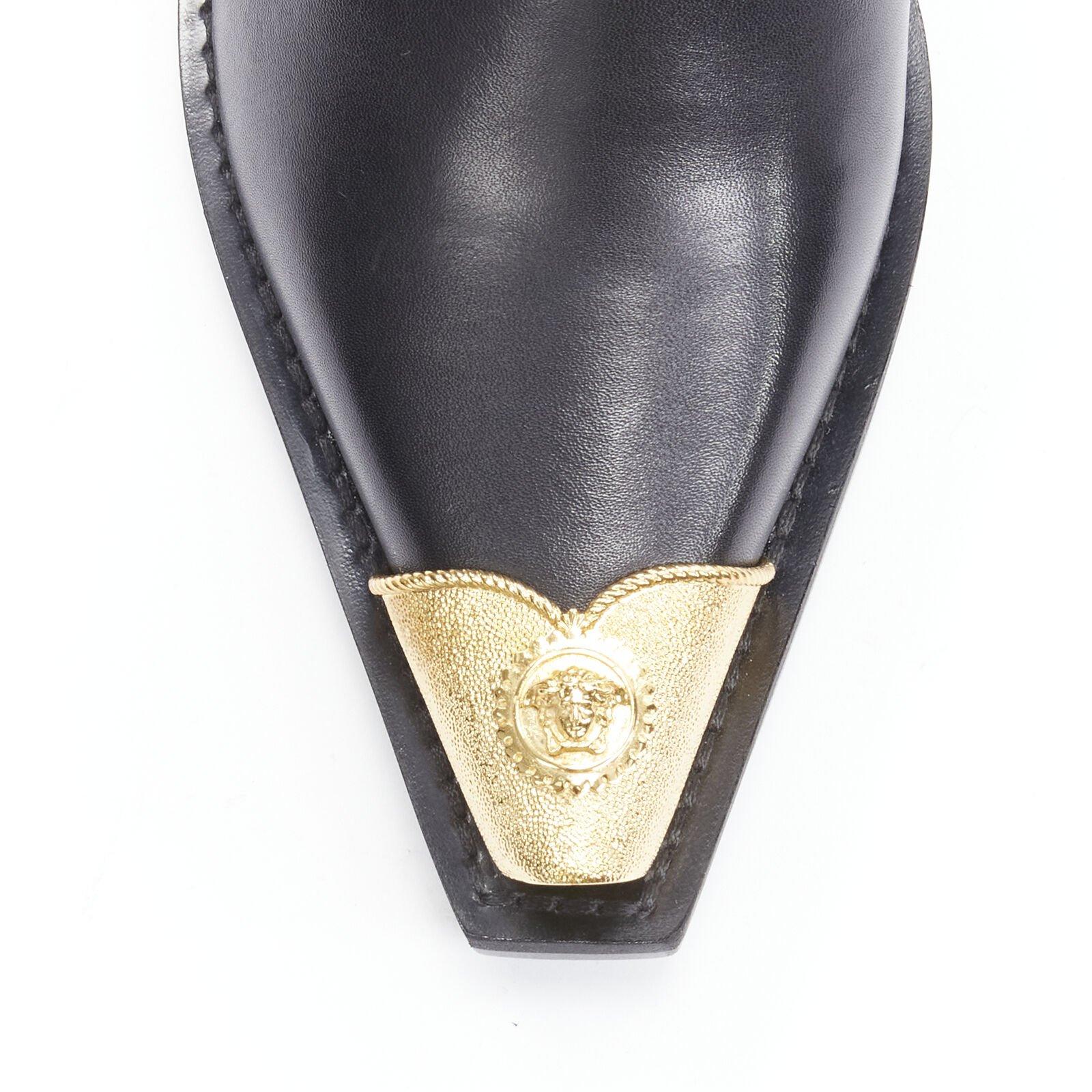 VERSACE 2019 black leather gold Medusa toe western buckle Cuban mule EU37 For Sale 2