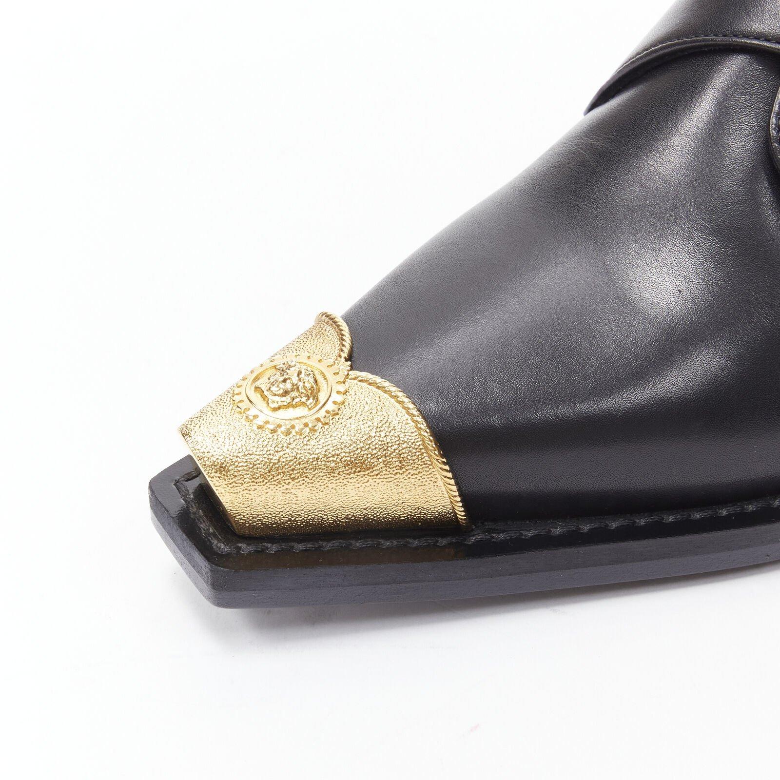 VERSACE 2019 black leather gold Medusa toe western buckle Cuban mule EU37 For Sale 2