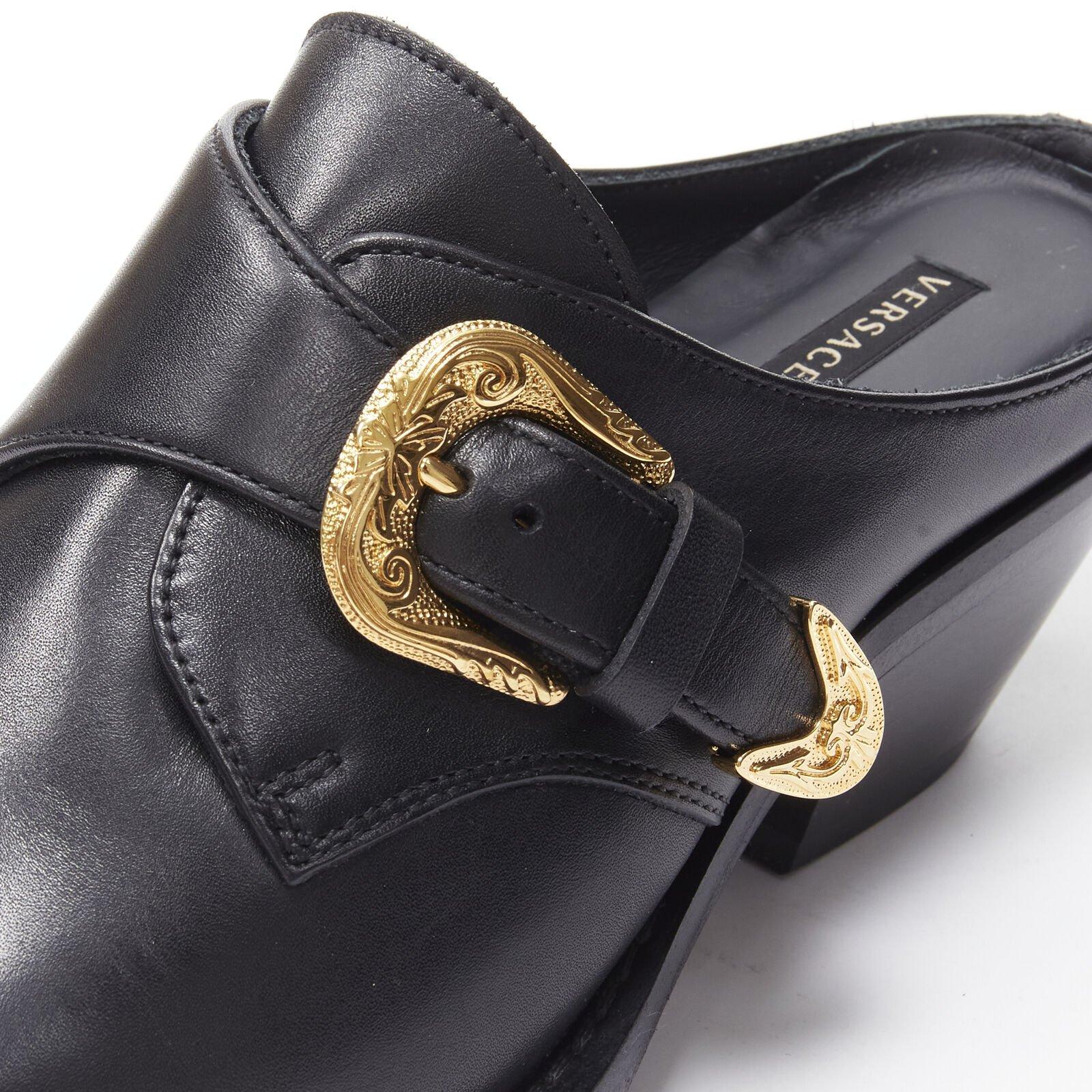 VERSACE 2019 black leather gold Medusa toe western buckle Cuban mule EU37 For Sale 3