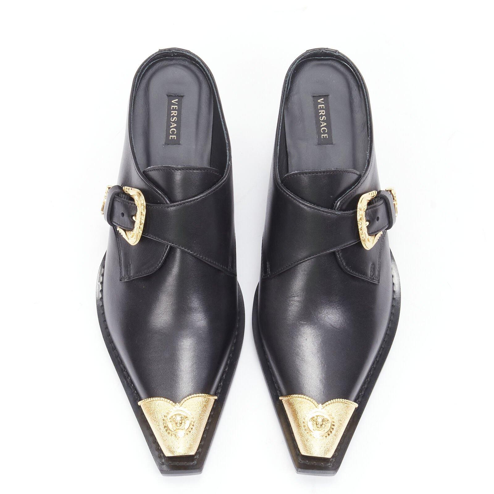 VERSACE 2019 black leather gold Medusa toe western buckle Cuban mule EU37 For Sale 4