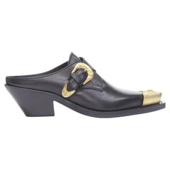 VERSACE 2019 black leather gold Medusa toe western buckle cuban mule EU37