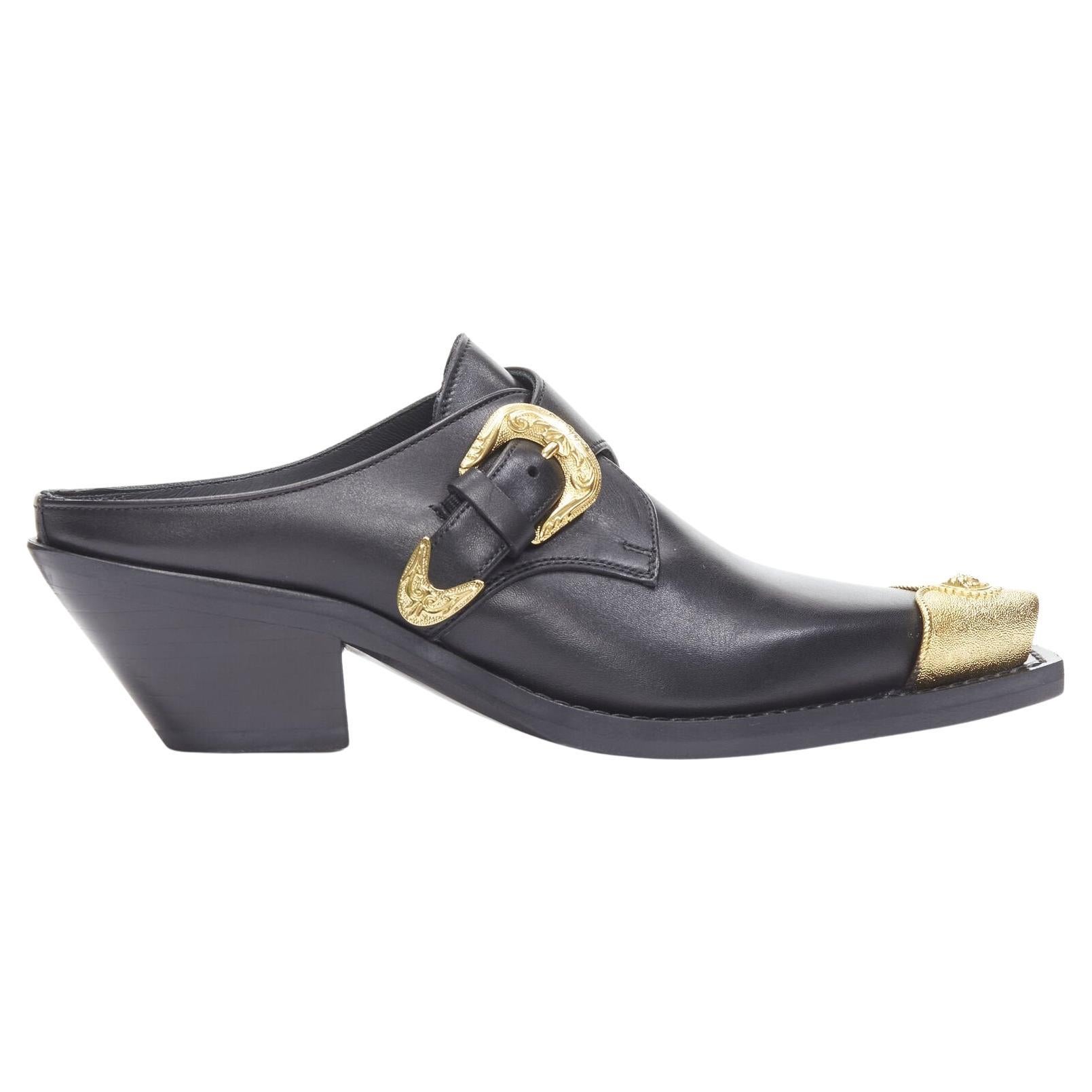 VERSACE 2019 black leather gold Medusa toe western buckle Cuban mule EU37 For Sale
