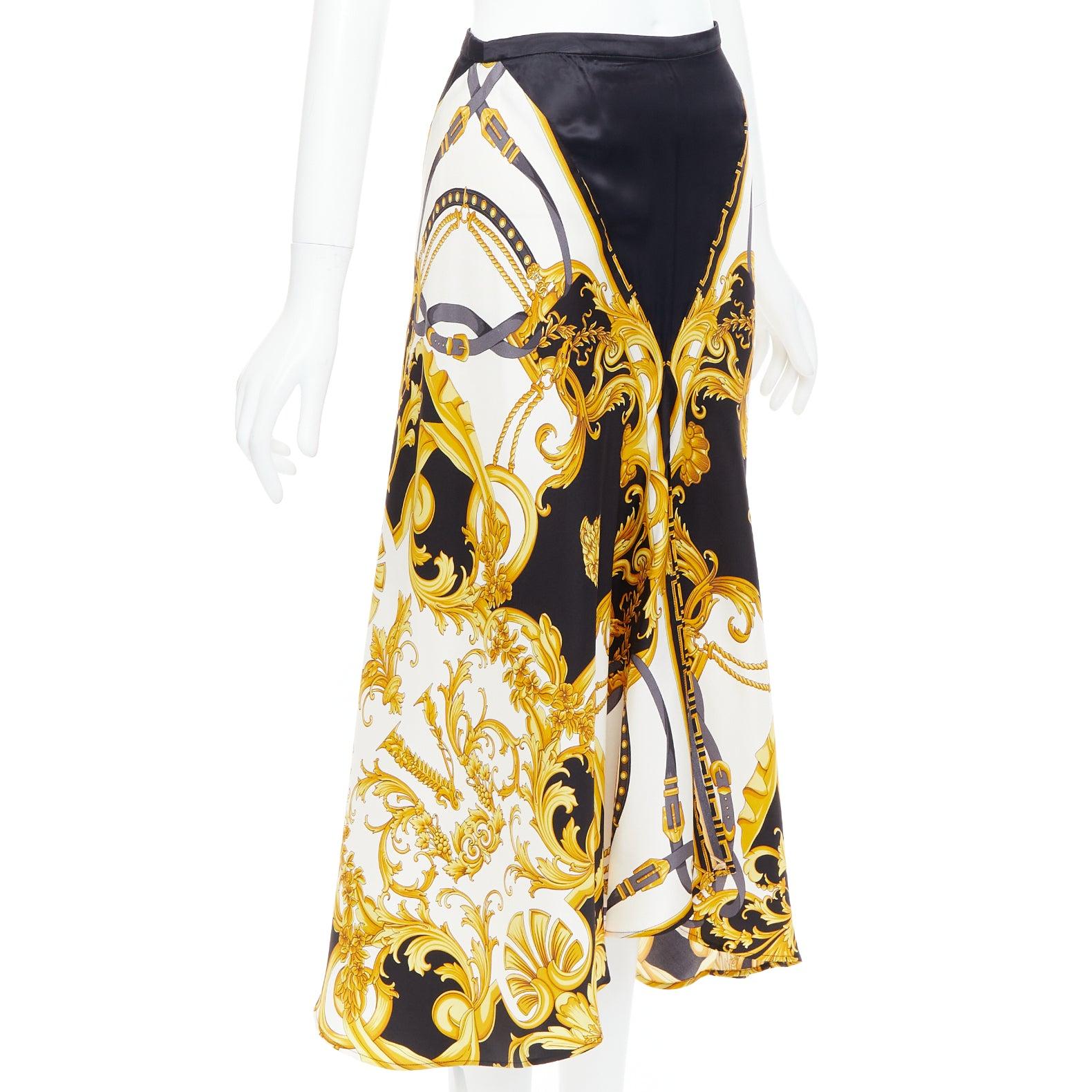 Orange VERSACE 2019 Rodeo Barocco black gold silk viscose bias cut skirt IT38 XS For Sale