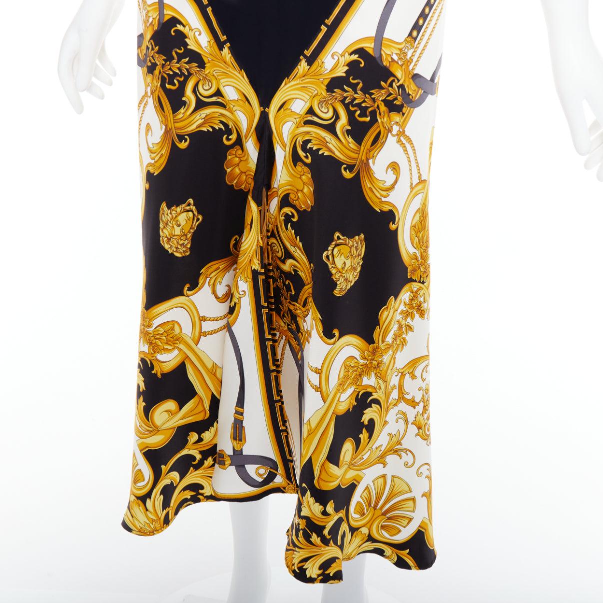VERSACE 2019 Rodeo Barocco black gold silk viscose bias cut skirt IT38 XS For Sale 2