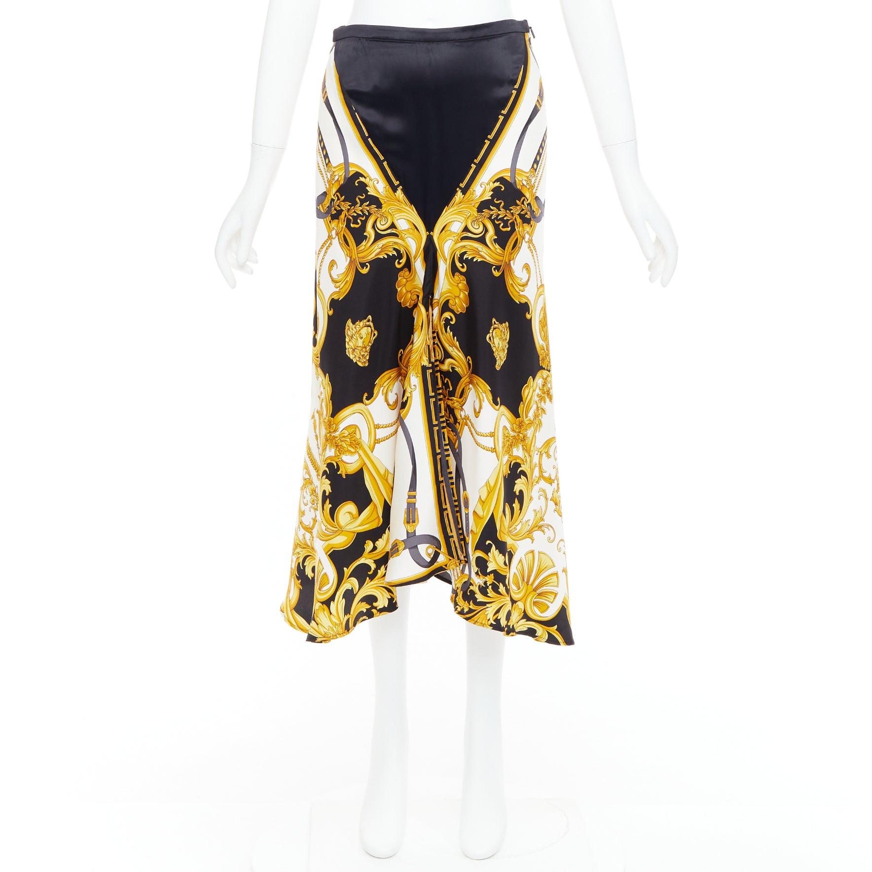 VERSACE 2019 Rodeo Barocco black gold silk viscose bias cut skirt IT38 XS For Sale 4