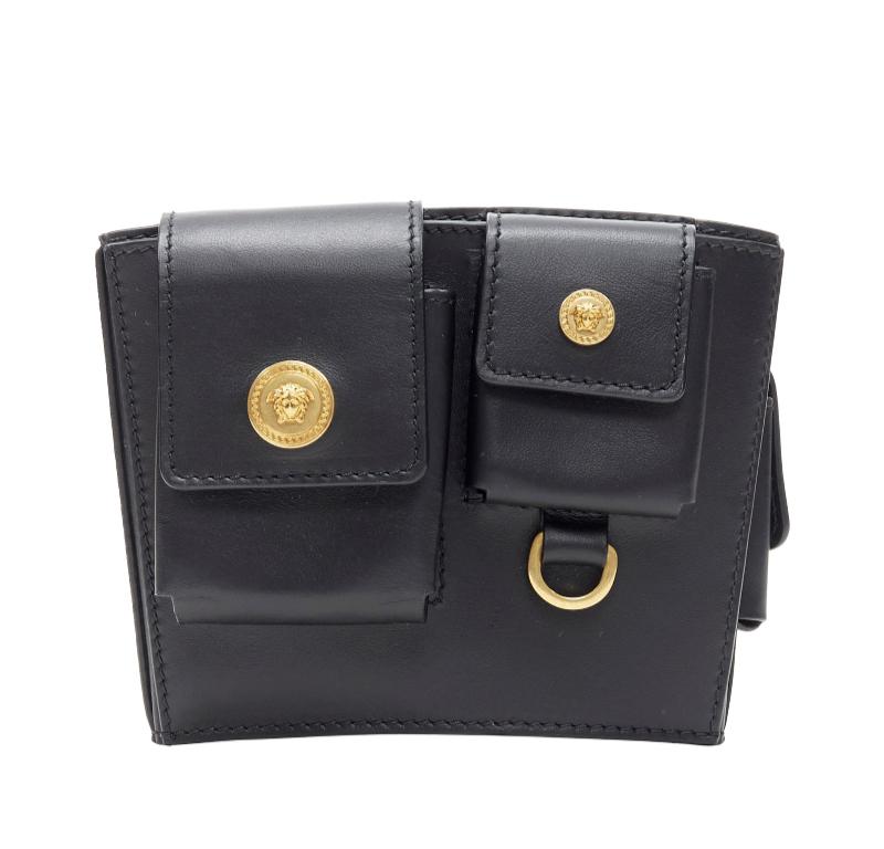 Women's VERSACE 2019 Runway black gold Medusa multipocket harness arm bag Rare
