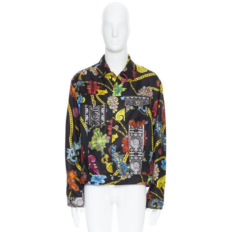 Black VERSACE 2019 Runway silk vintage jewel crystal Medusa button jacket EU52 XL For Sale