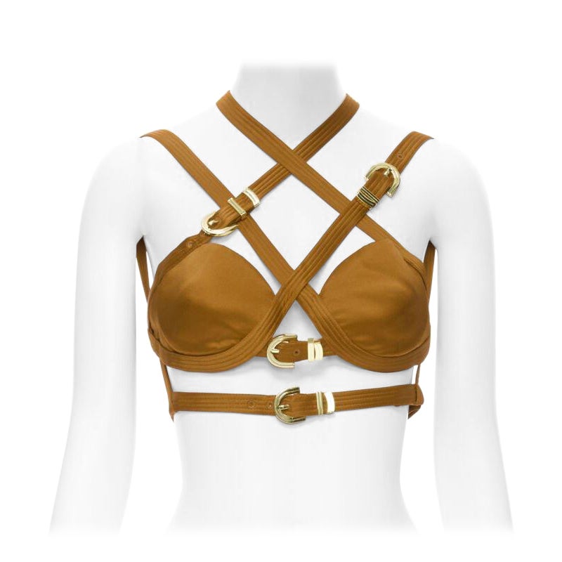 VERSACE 2019 Pasarela S&M Bondage Tributo sujetador con hebilla dorada de seda marrón IT38 XS en venta