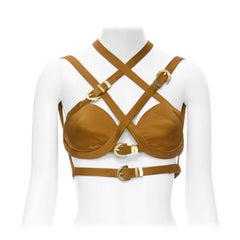 VERSACE 2019 Runway S&M Bondage Tribute reggiseno in seta marrone con fibbia dorata IT38 XS
