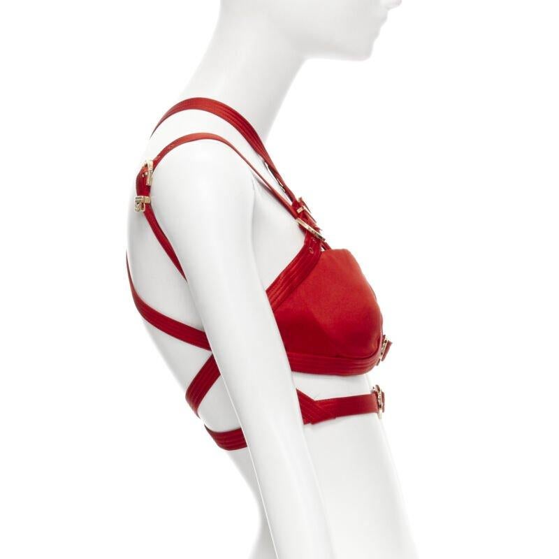 VERSACE 2019 Runway S&M Bondage Tribute red silk gold buckle bra top IT38 XS In New Condition In Hong Kong, NT
