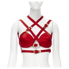 VERSACE 2019 Runway S&M Bondage Tribute red silk gold buckle bra top IT38 XS