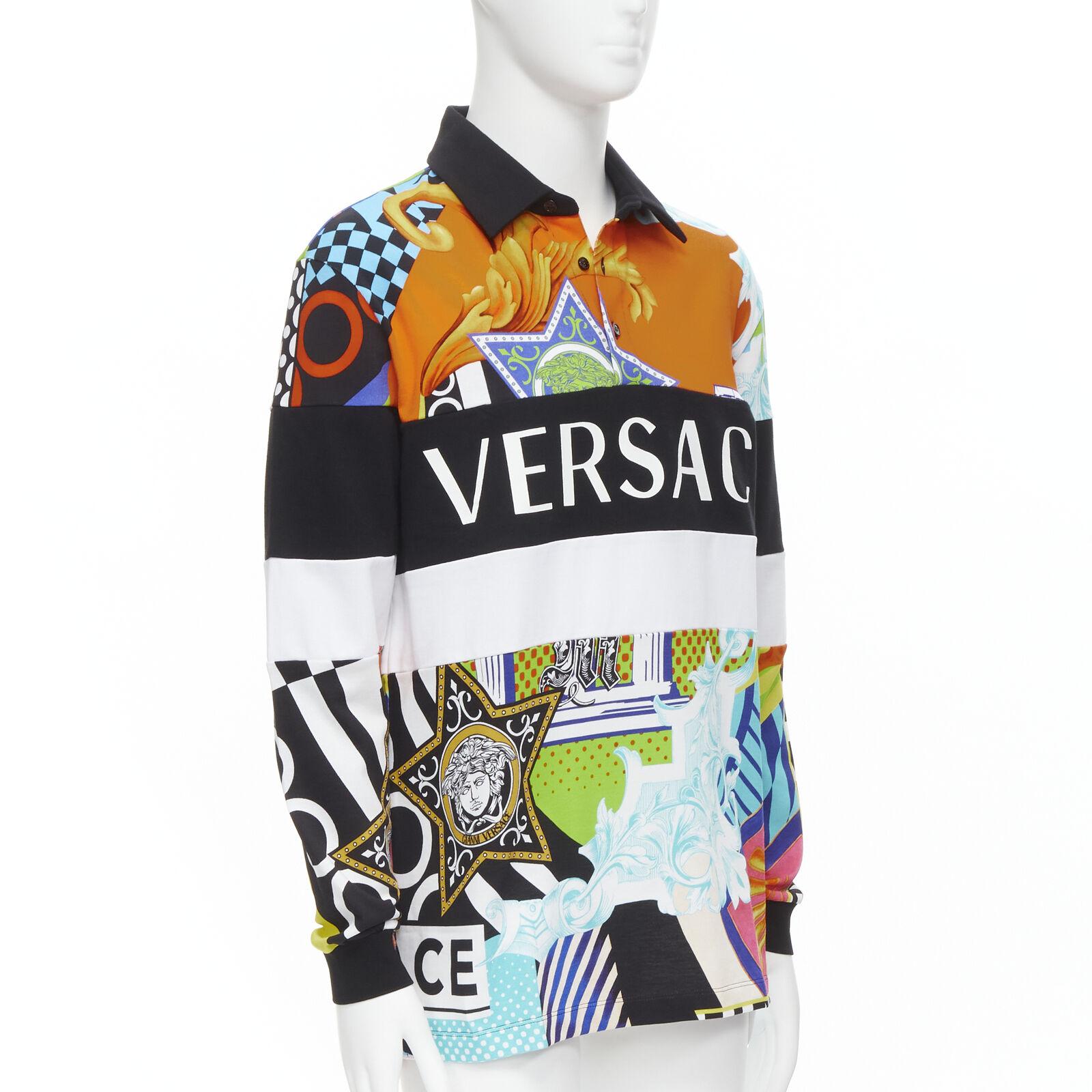 Beige VERSACE 2020 Runway Pop Temple Box logo patchwork polo shirt top L For Sale