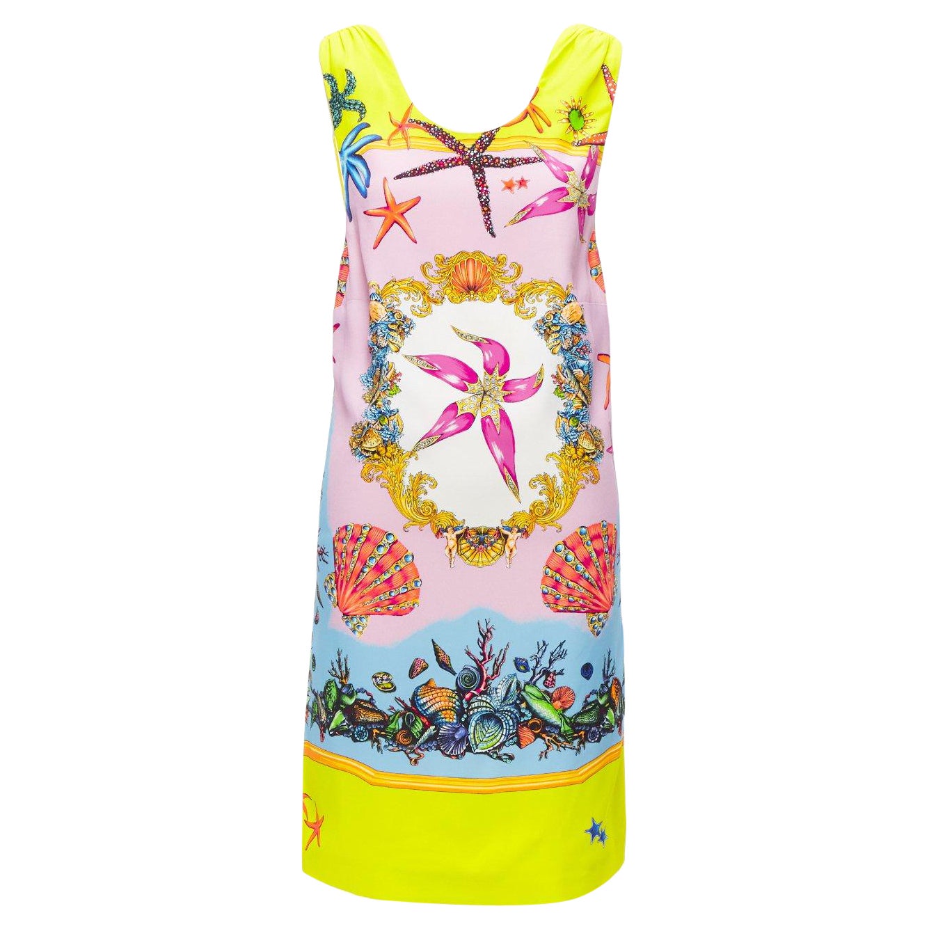 VERSACE 2020 Tresor De La Mer vestido amarillo con estampado de estrellas de mar IT38 XS en venta