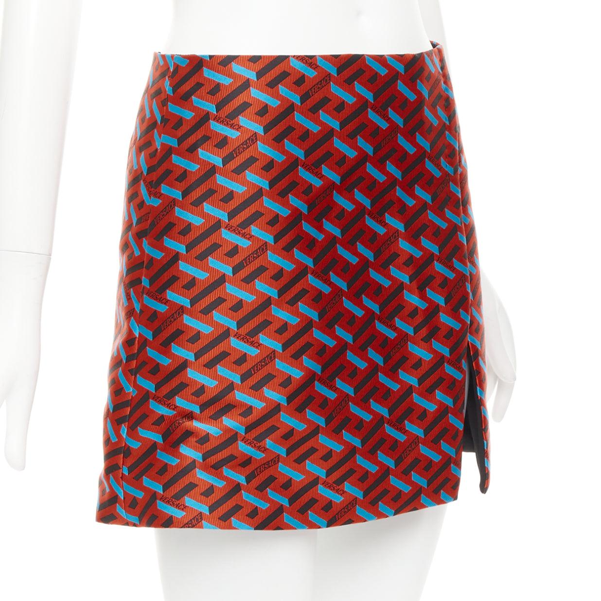 Brown VERSACE 2021 La Greca red blue black logo geometric split mini skirt IT36 XXS For Sale