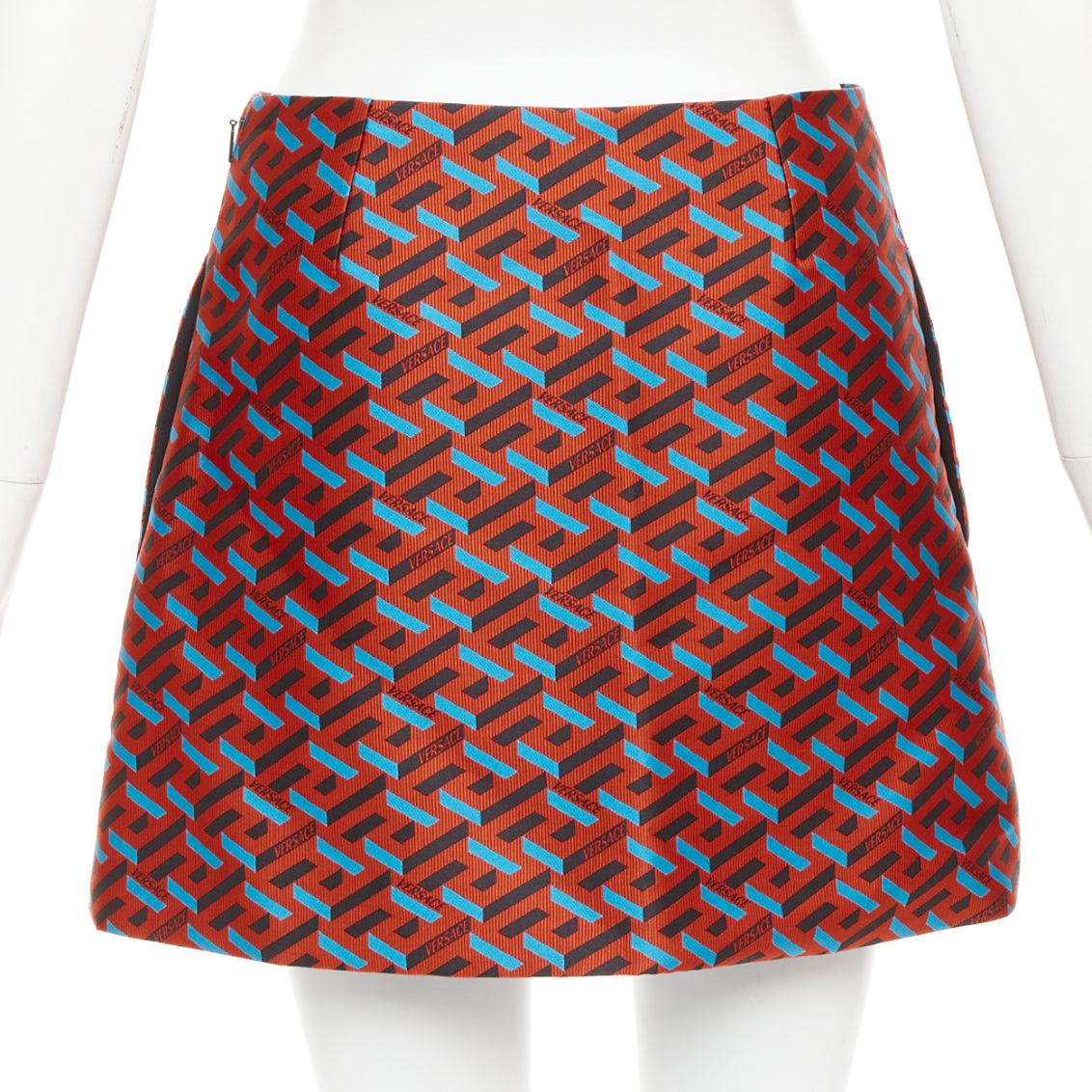 Women's VERSACE 2021 La Greca red blue black logo geometric split mini skirt IT36 XXS For Sale