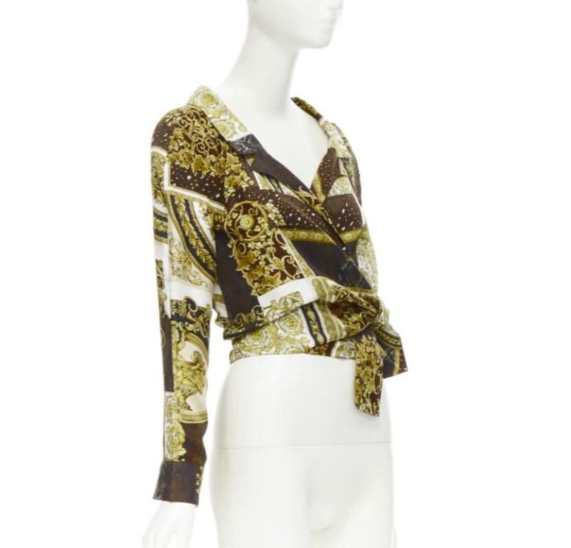 Beige VERSACE 2021 Mosaic Barocco 100% silk print wrap tie cropped shirt IT38 XS For Sale