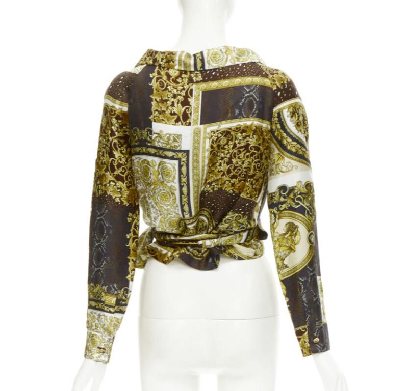 Women's VERSACE 2021 Mosaic Barocco 100% silk print wrap tie cropped shirt IT38 XS For Sale
