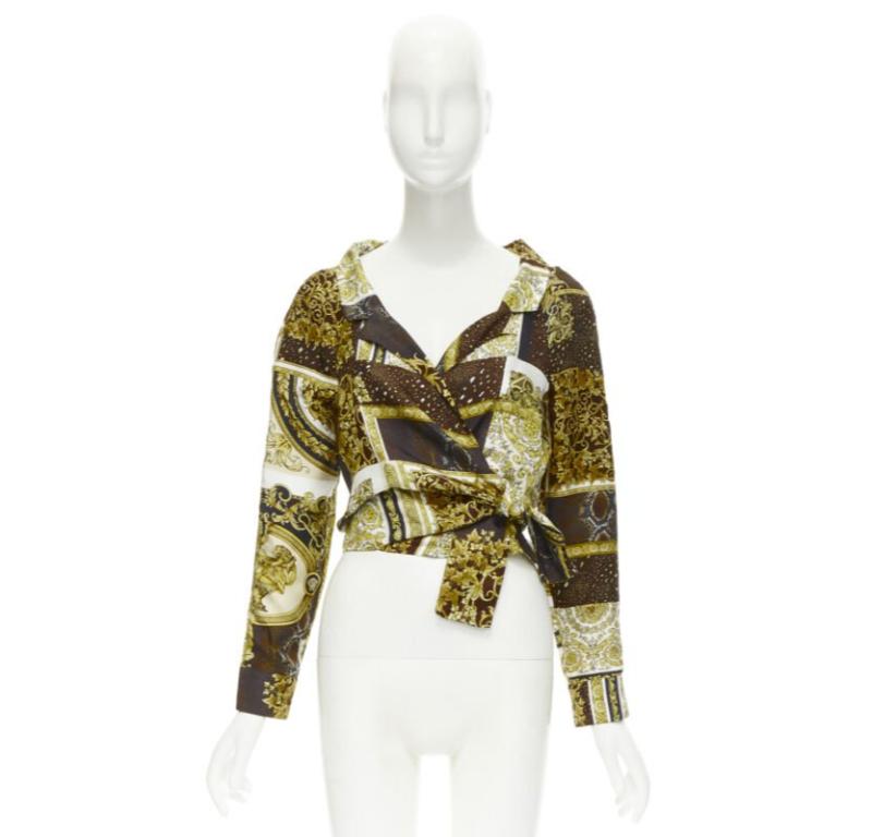 VERSACE 2021 Mosaic Barocco 100% silk print wrap tie cropped shirt IT38 XS For Sale 4