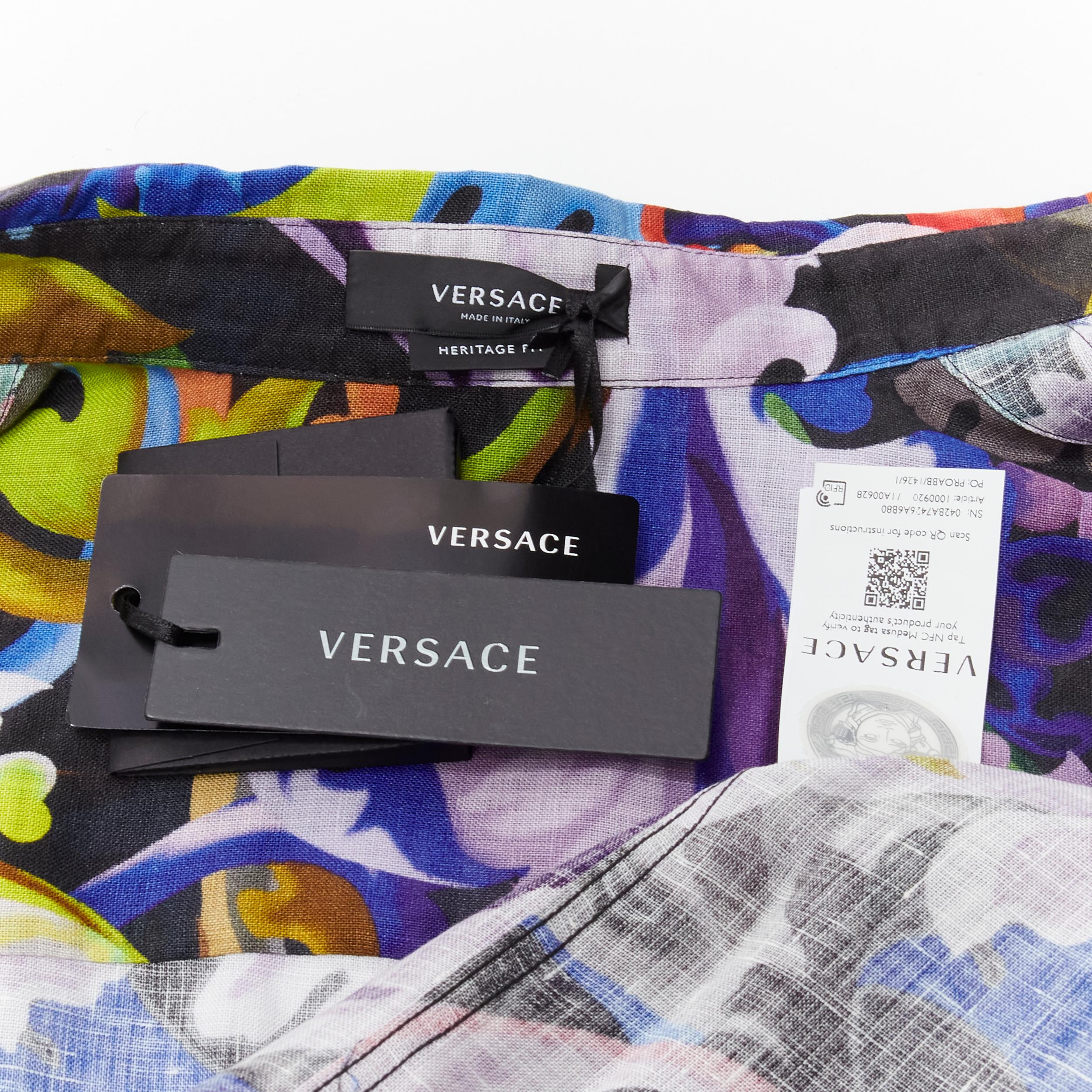 VERSACE 2021 Runway Baroccoflage colorful baroque floral linen shirt EU40 L For Sale 5