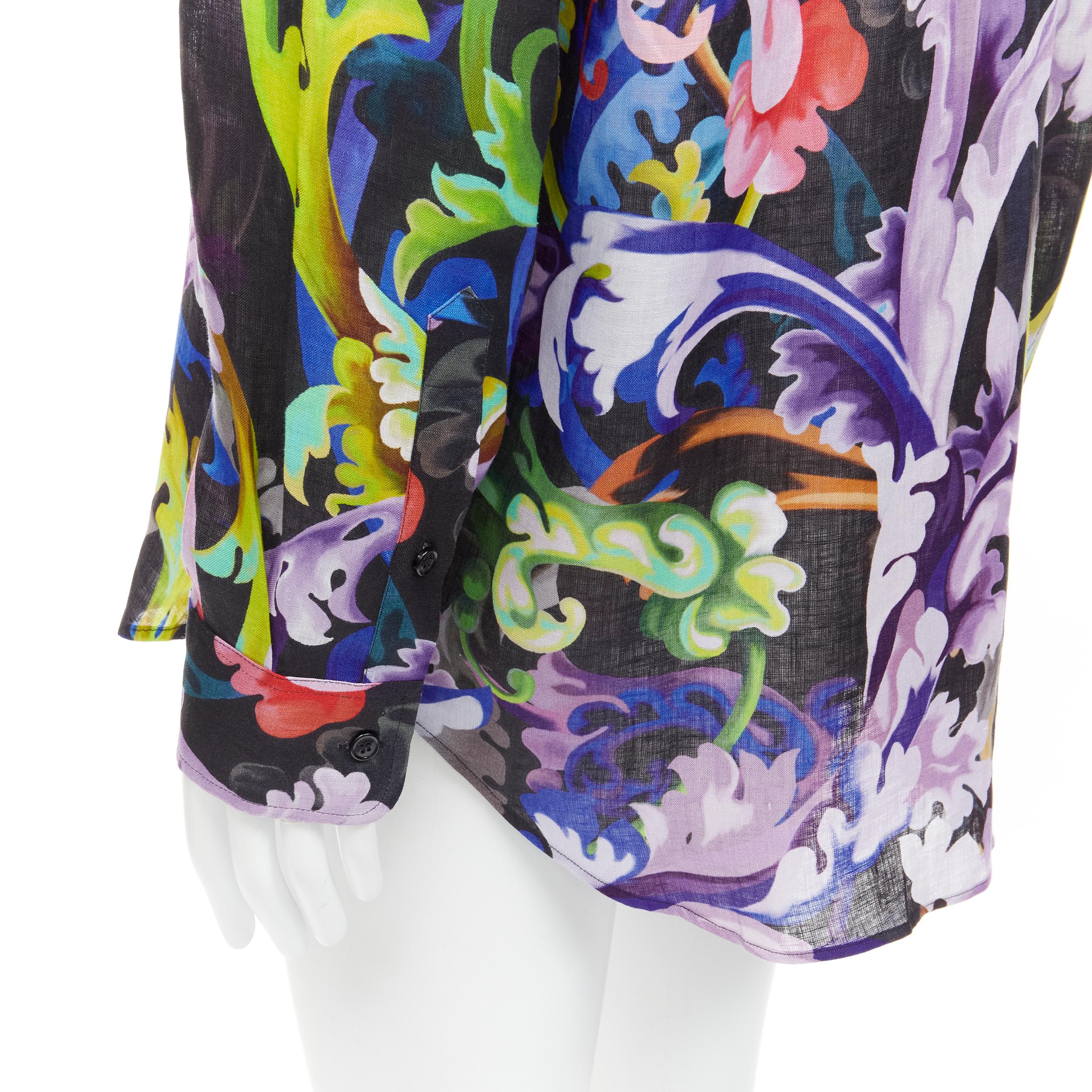 VERSACE 2021 Runway Baroccoflage colorful baroque floral linen shirt EU40 L For Sale 1