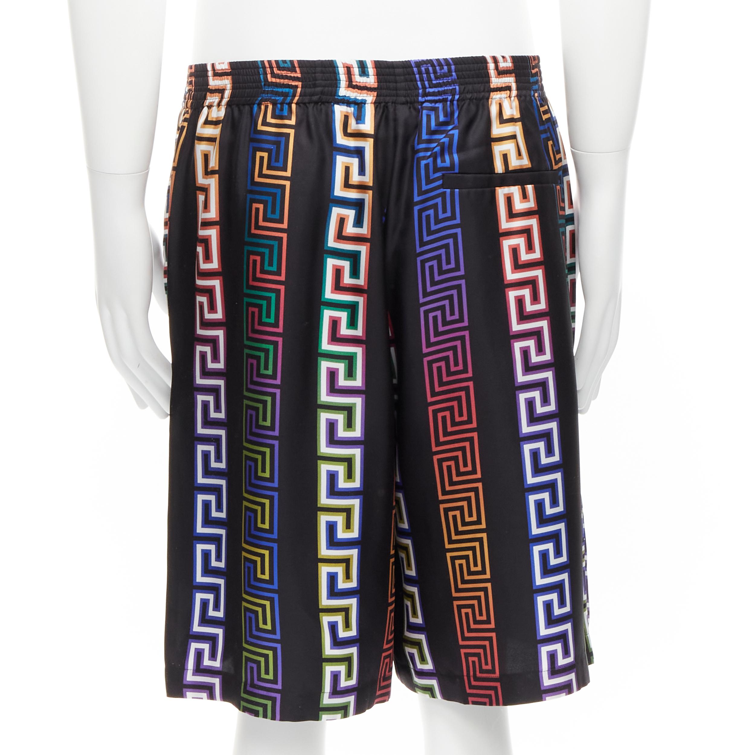 Men's VERSACE 2021 Runway Neon Greca black college fit silk twill shorts IT46 S For Sale