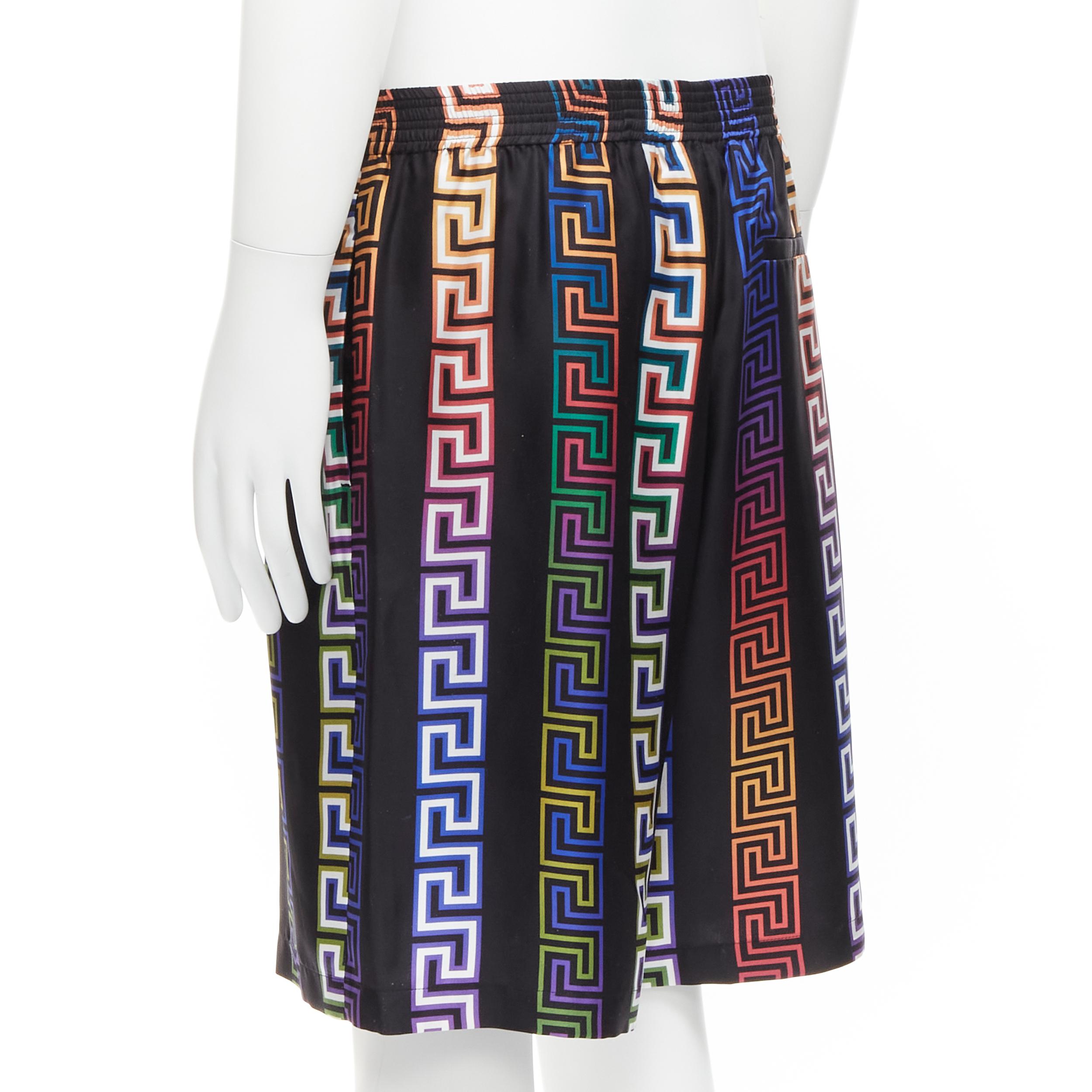 VERSACE 2021 Runway Neon Greca black college fit silk twill shorts IT46 S For Sale 1