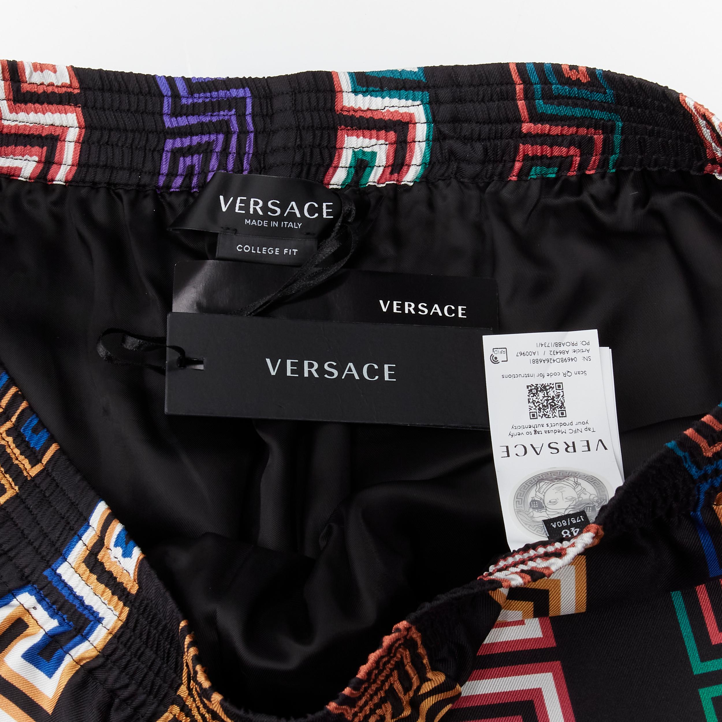 VERSACE 2021 Runway Neon Greca black college fit silk twill shorts IT46 S For Sale 4