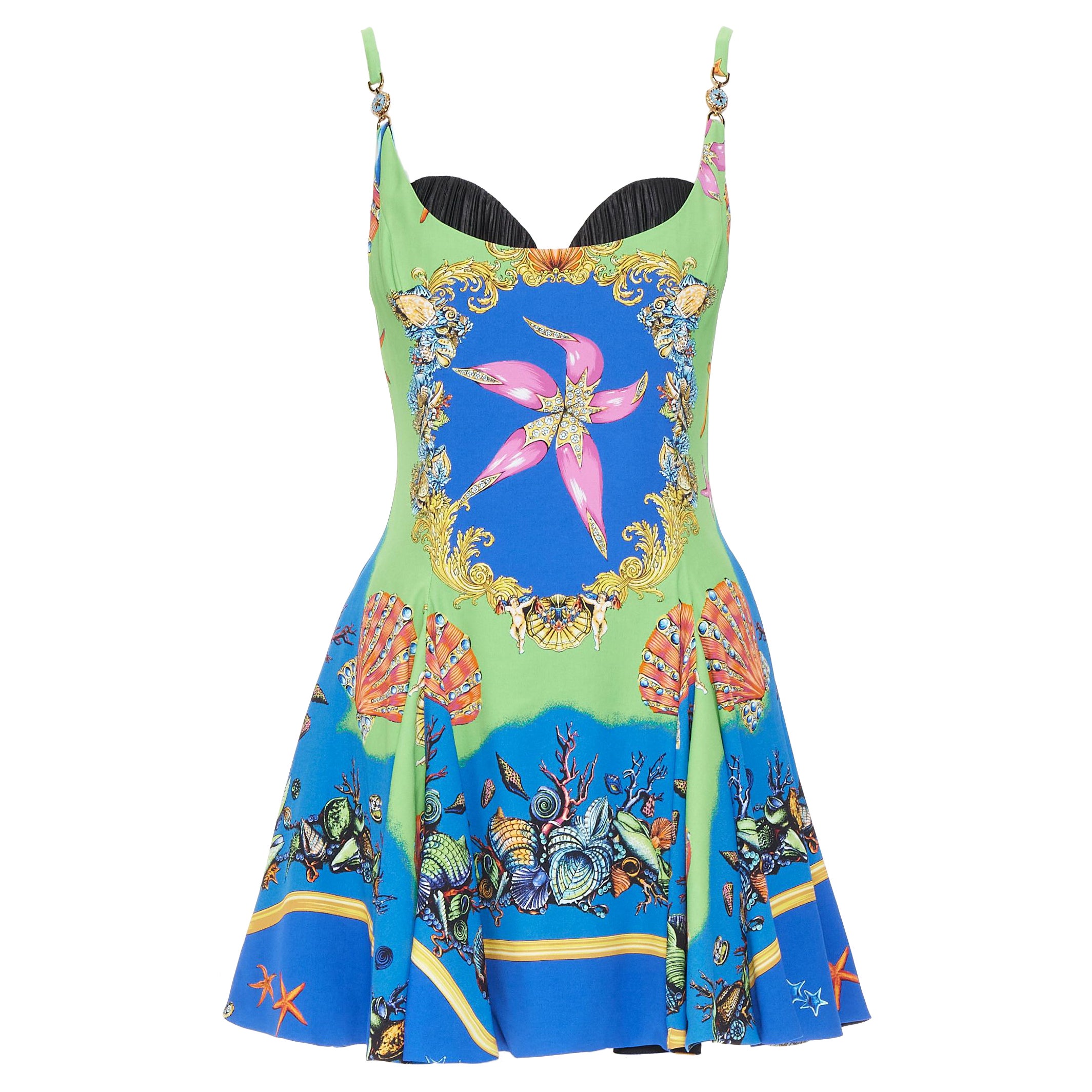VERSACE 2021 Runway Tresor De La Mer green Medusa flared dress IT36 XXS