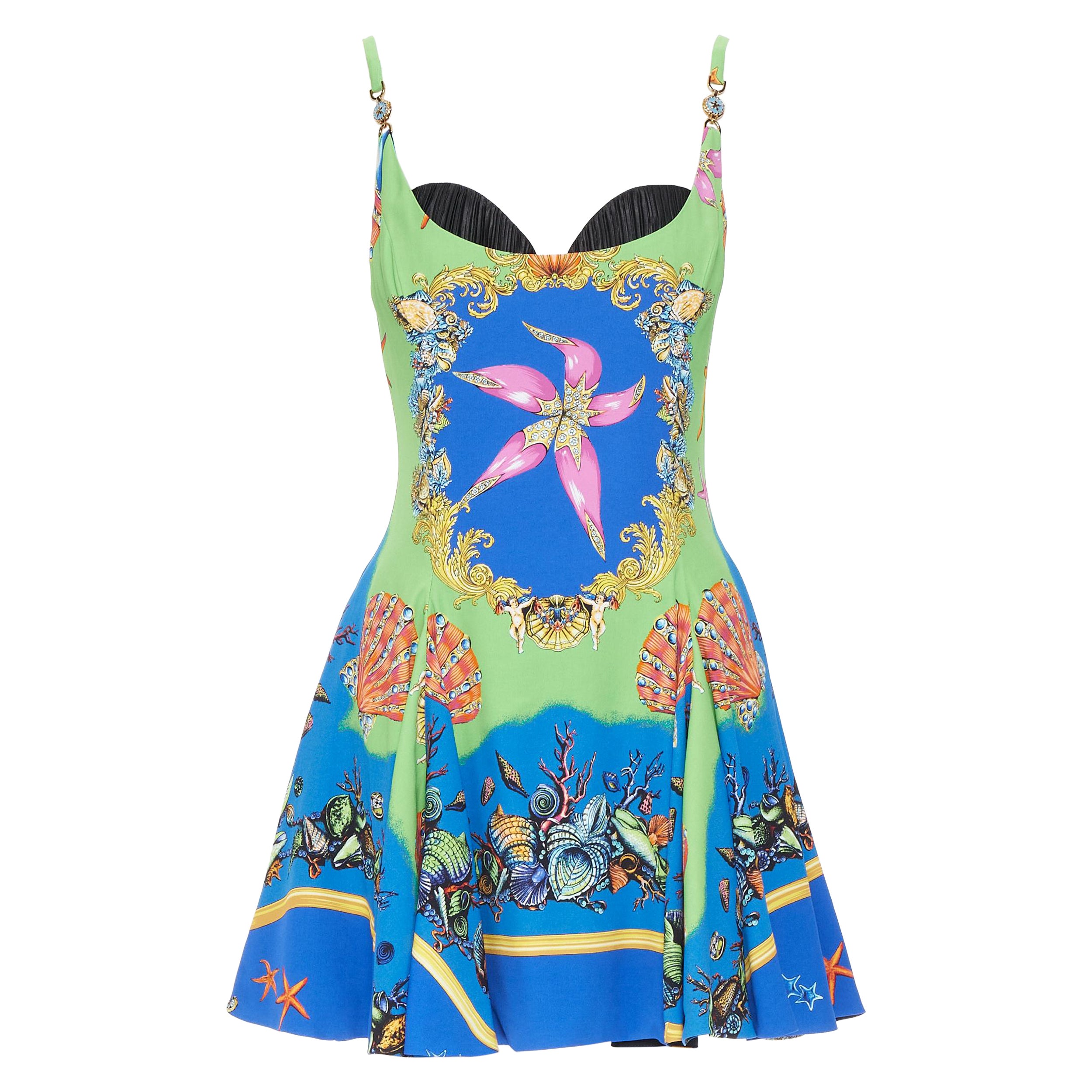 VERSACE 2021 Runway Tresor De La Mer green Medusa flared dress IT40 S