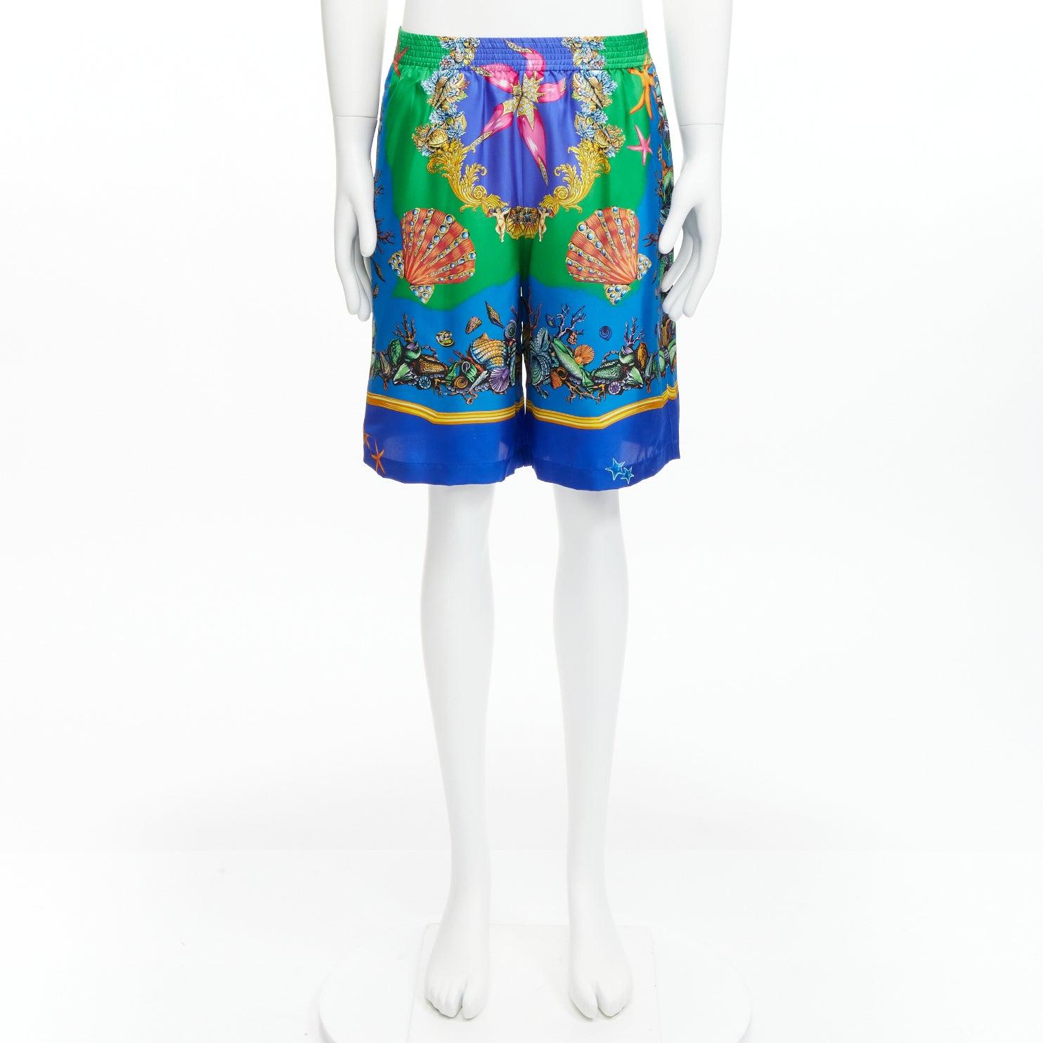 VERSACE 2021 Tresor De La Mer blue seashell print 100% silk shorts IT46 S For Sale 5