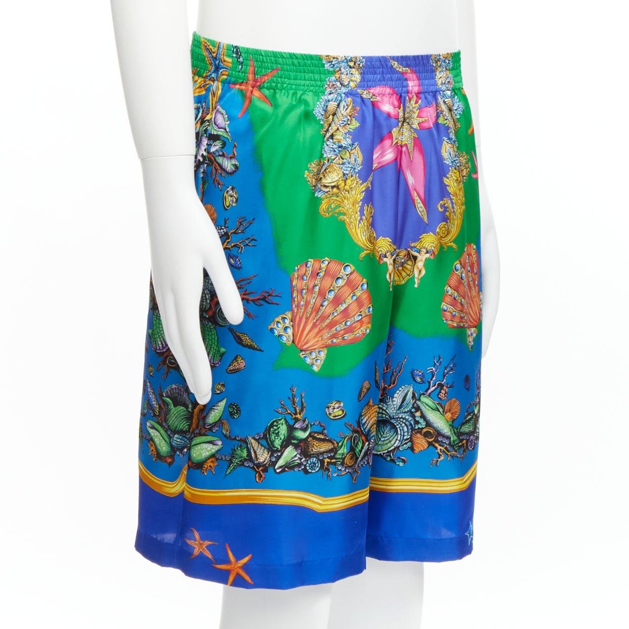 Blue VERSACE 2021 Tresor De La Mer blue seashell print 100% silk shorts IT46 S For Sale