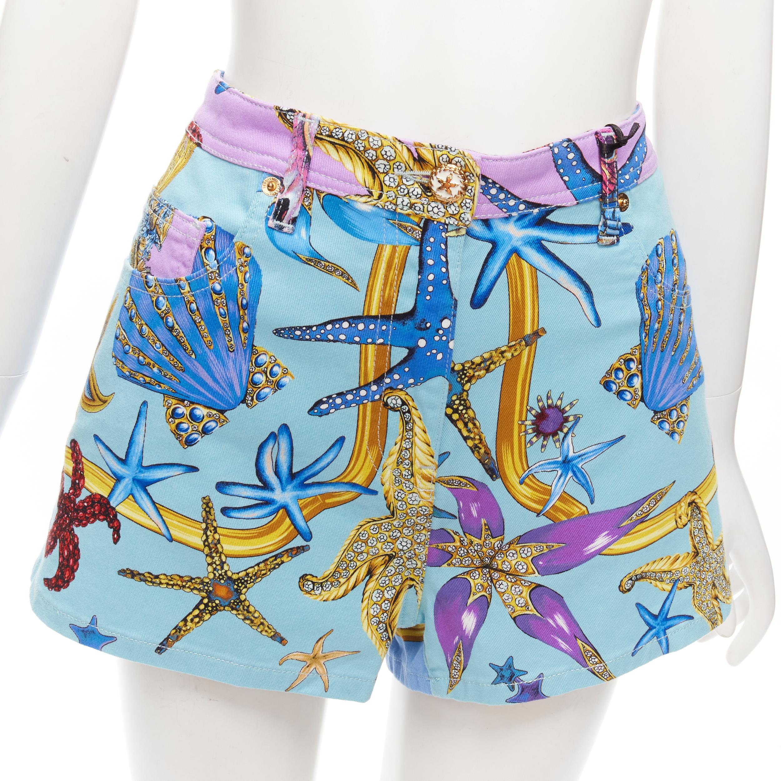 VERSACE 2021 Tresor De La Mer blue starfish print high waist denim shorts 28
