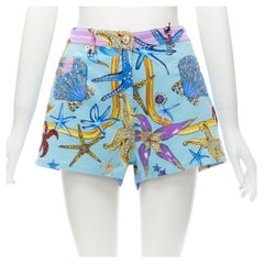 VERSACE 2021 Tresor De La Mer blue starfish print high waist denim shorts 28"