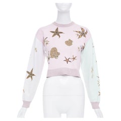 VERSACE 2021 Tresor de la Mer pink crystal starfish lurex knit crop sweater IT38