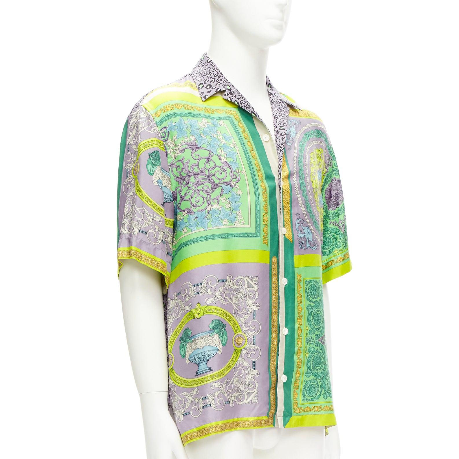 VERSACE 2022 100% silk Barocco Mosaic green purple baroque leopard shirt EU39 M In Good Condition In Hong Kong, NT