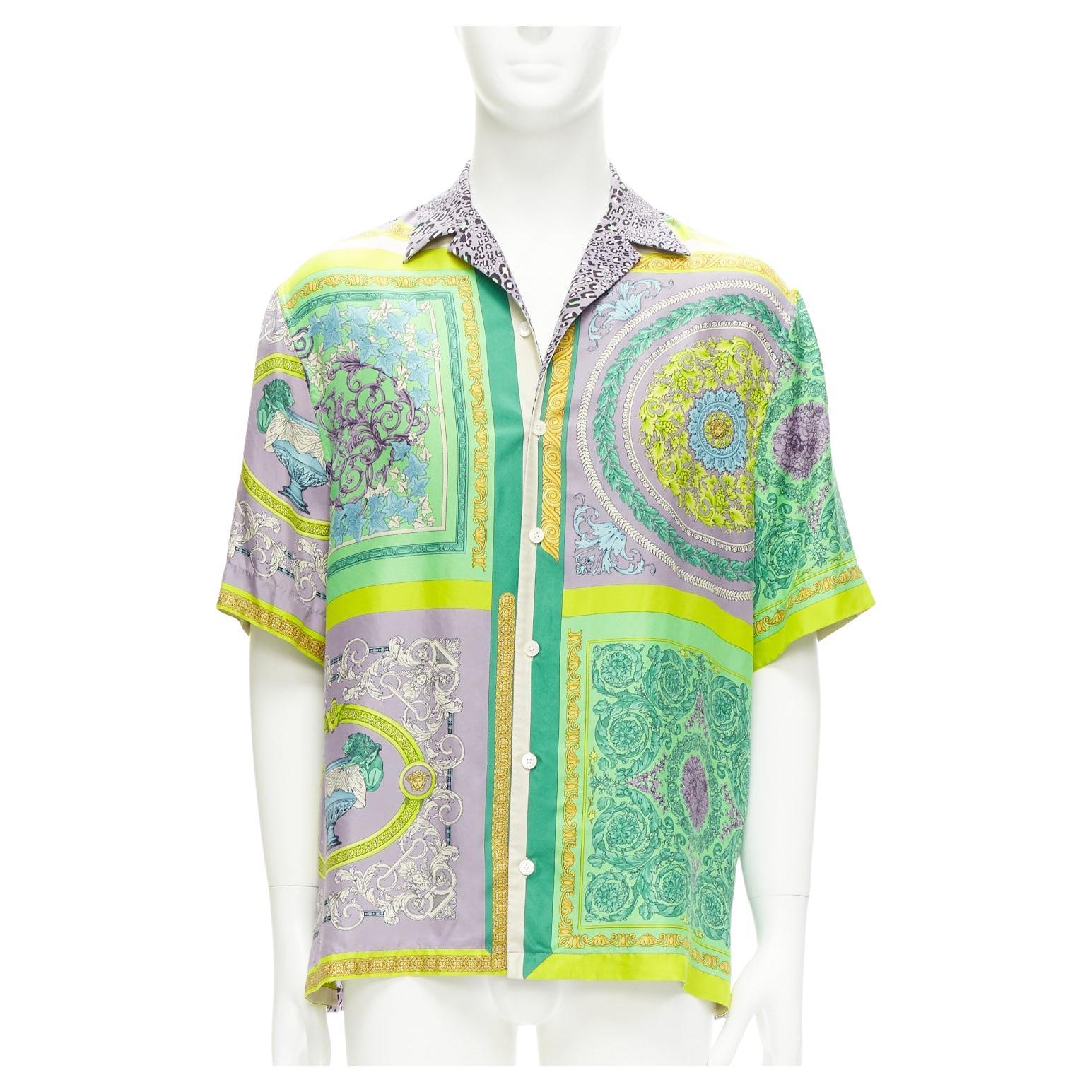 VERSACE 2022 100% silk Barocco Mosaic green purple baroque leopard shirt EU39 M