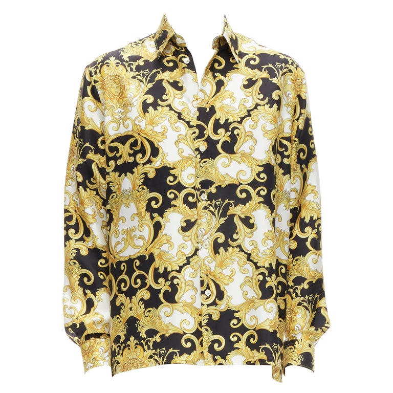 versace black and gold dress shirt VERSACE Size L Black Gold Beaded Floral Cotton Button Up Long Sleeve S –  Sui Generis Designer Consignment main image 0