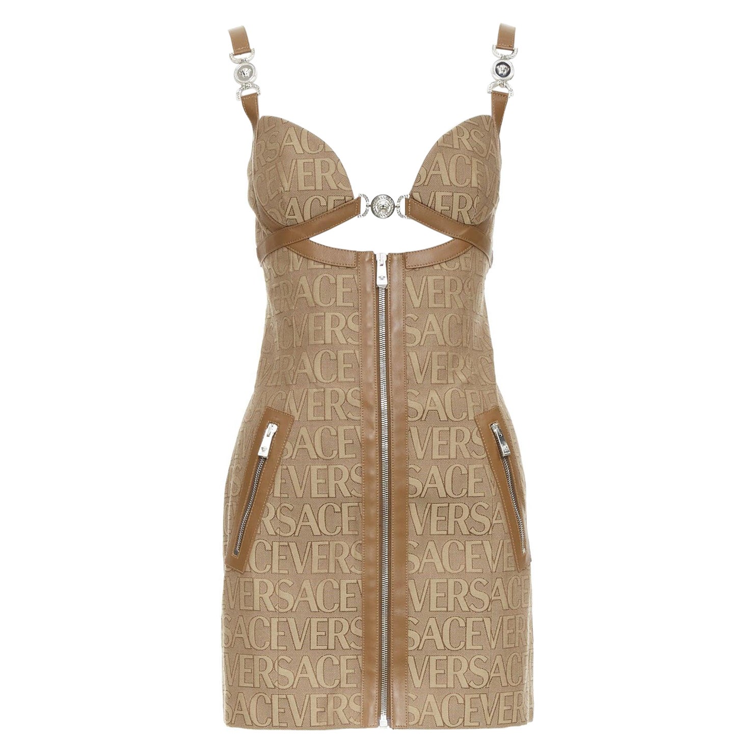 VERSACE 2023 marron jacquard 90s logo Medusa robe bondage IT38 XS en vente