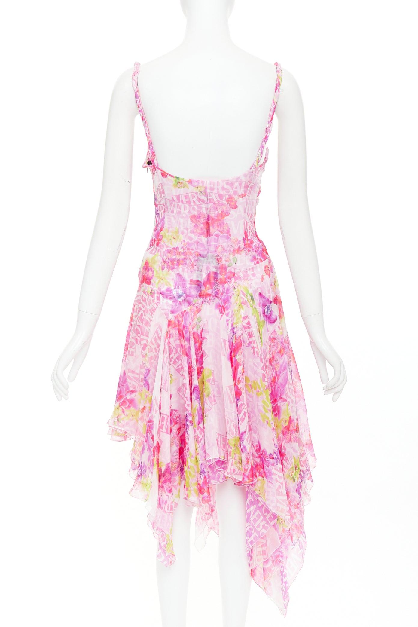 Donna VERSACE 2023 Abito da sera in chiffon di seta con stampa logo orchidea e spalline plissettate IT38 XS in vendita