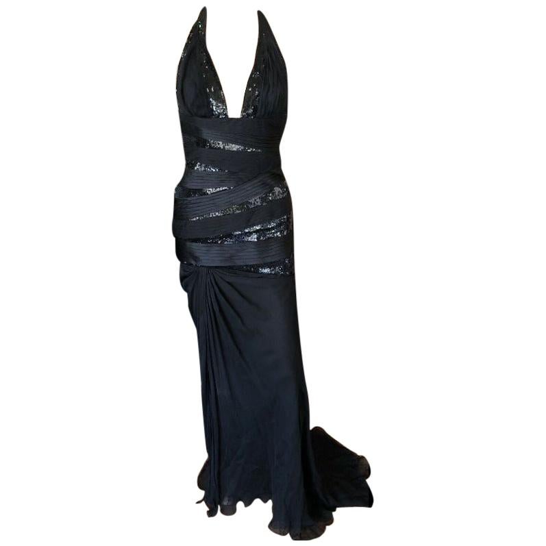 Versace $20, 905 F/W 2006 Runway Black Plunging Neckline Embellished Dress Gown  For Sale
