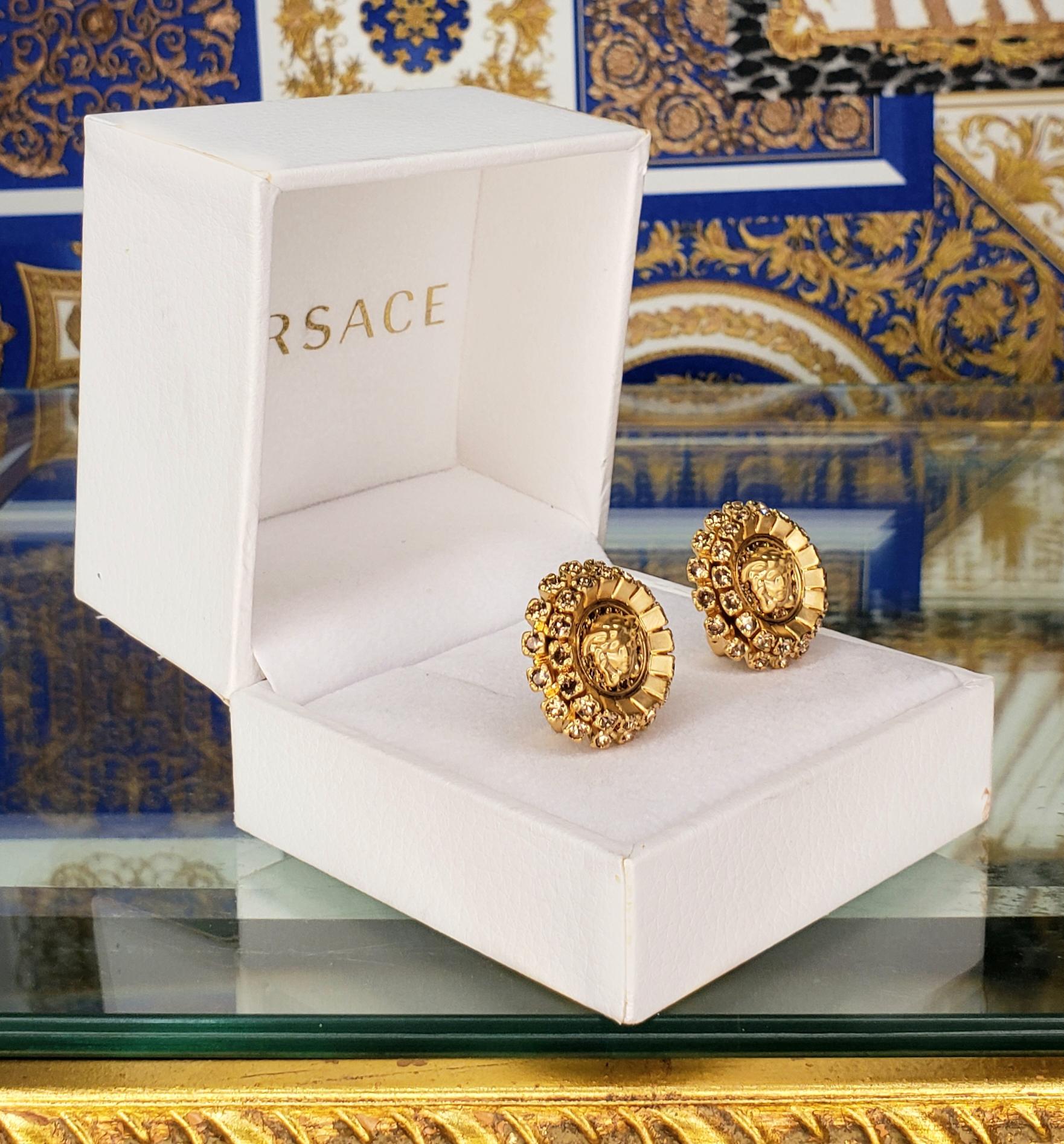 VERSACE 24K PLATED BRUSHED GOLD MEDUSA Yellow CRYSTAL EARRINGS In New Condition In Montgomery, TX