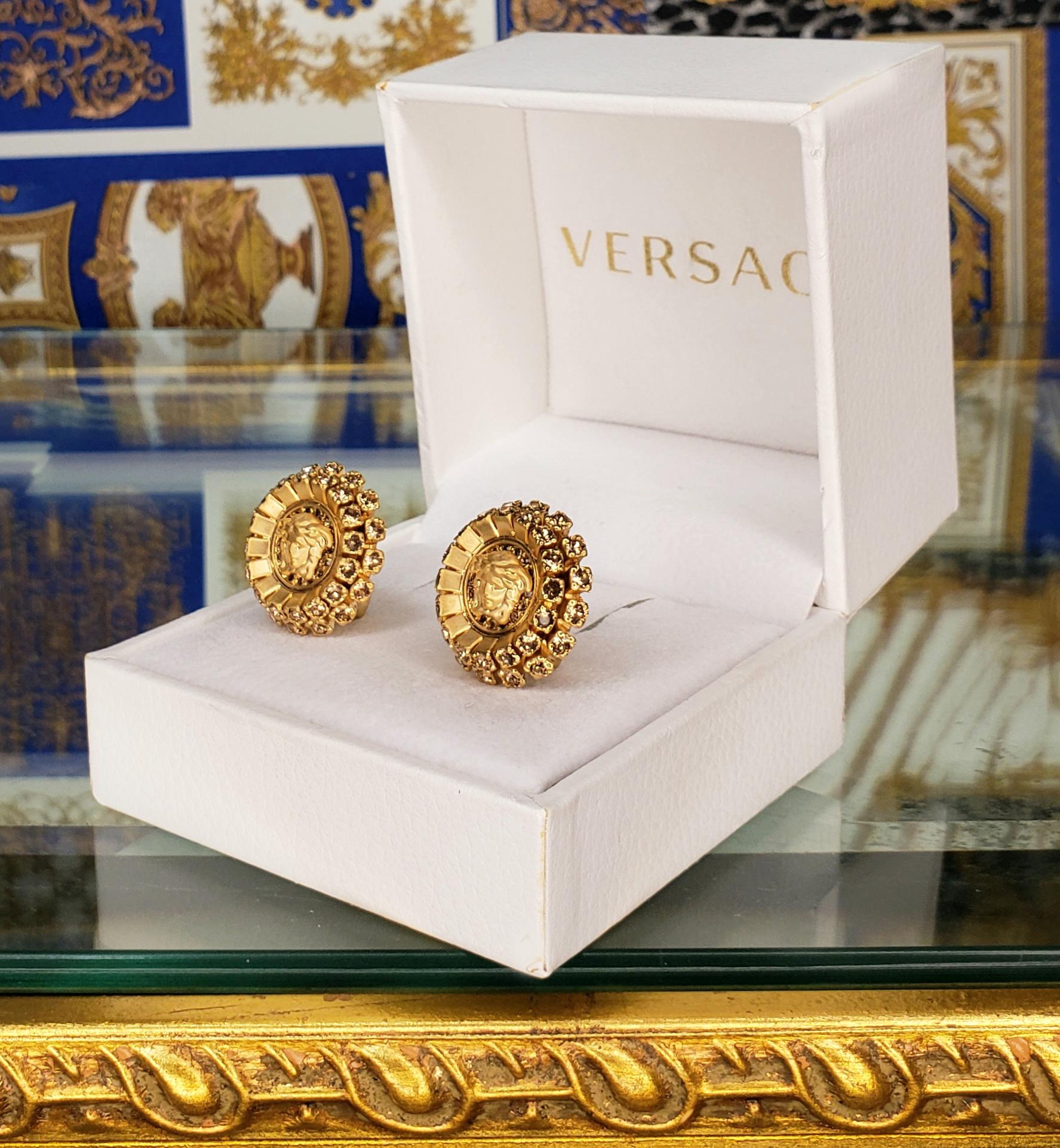 Women's or Men's VERSACE 24K PLATED BRUSHED GOLD MEDUSA Yellow CRYSTAL EARRINGS