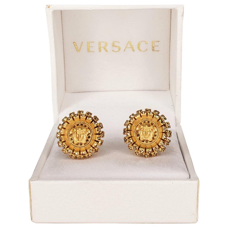 VERSACE 24K PLATED BRUSHED GOLD MEDUSA Yellow CRYSTAL EARRINGS at 1stDibs